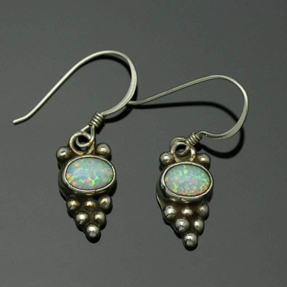Vintage Native American SIGNED RB Sterling Silver Opal Dangle Fishhook Earrings